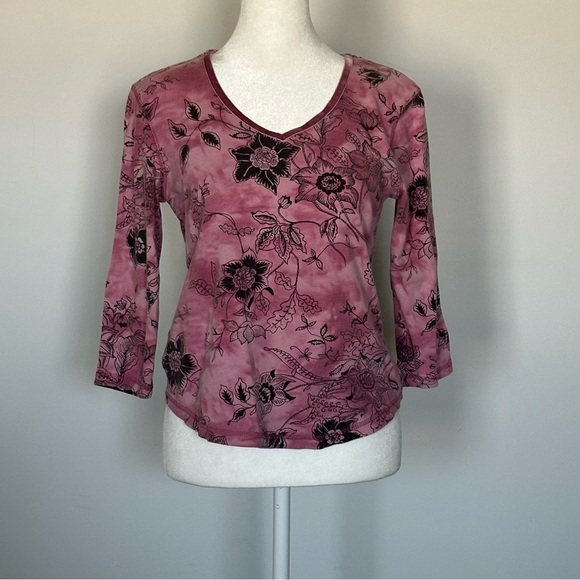 Gloria Vanderbilt Mauve Floral Velvet Trim 3/4 Sleeve V Neck Top Y2K Size S - Picture 5 of 6